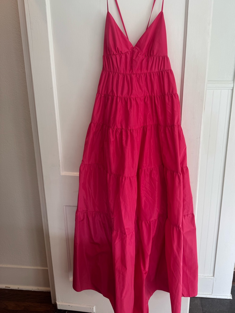 STAUD Blossom Pink Tiered Maxi Dress with Spaghetti Straps